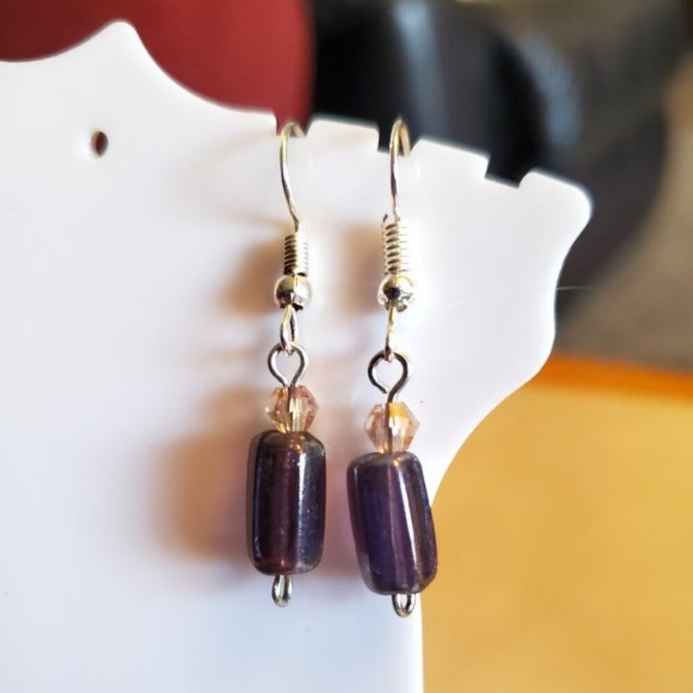 Silver Tone Hook Purple Glass Bead Earrings Style